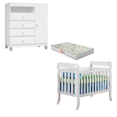 Berço Americano Lila Com Colchão Gazin E Cômoda Infantil Ternura Baby Branco Brilho - Incorplac