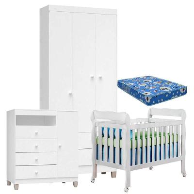 Quarto De Bebê 3 Portas Ternura Baby Com Berço Lila Branco Brilho Com Colchão Para Berço Americano - Incorplac