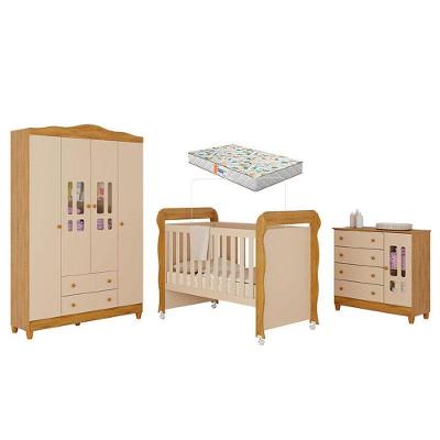 Quarto De Bebê Ariel 4 Portas Com Berço Americano Mirelle Off White Bétula Com Colchão Gazin -carolina Baby