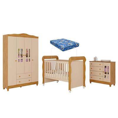 Quarto De Bebê Ariel 4 Portas Com Berço Americano Mirelle Off White Bétula Com Colchão Ortobom- Carolina Baby