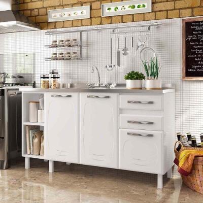 Balcão De Cozinha De Aço Gabinete Para Pia 3 Portas 2 Gavetas 150cm Multimóveis Cr20355 Branco