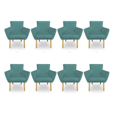 Kit 8 Poltronas Decorativa Leticia Suede Azul Turquesa Pés Palito Castanho - Pallazio