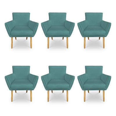 Kit 6 Poltronas Decorativa Leticia Suede Azul Turquesa Pés Palito Castanho - Pallazio