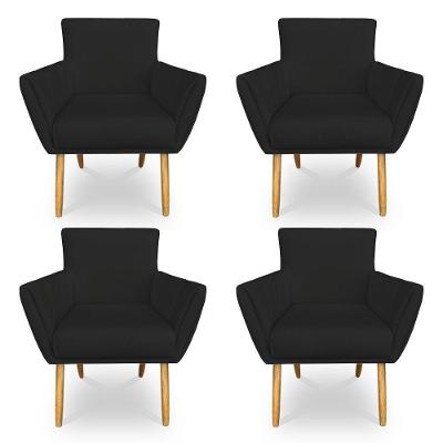 Kit 4 Poltronas Decorativa Leticia Suede Preto Pés Palito Castanho - Pallazio