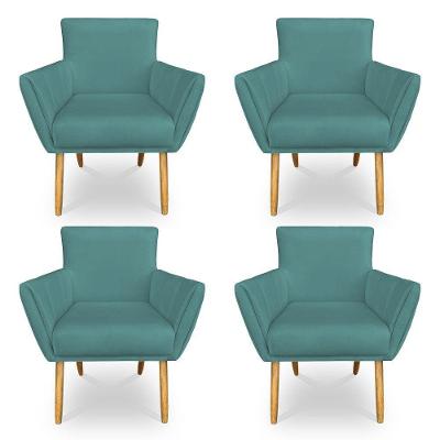Kit 4 Poltronas Decorativa Leticia Suede Azul Turquesa Pés Palito Castanho - Pallazio