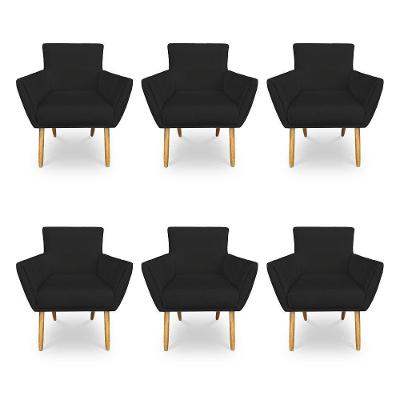 Kit 6 Poltronas Decorativa Leticia Suede Preto Pés Palito Castanho - Pallazio