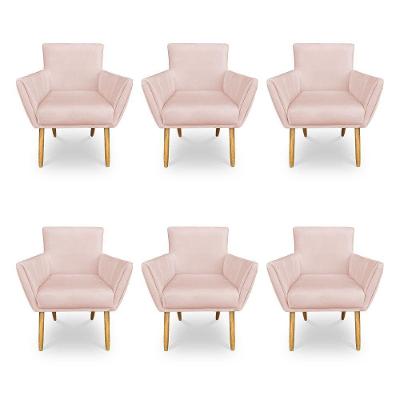 Kit 6 Poltronas Decorativa Leticia Suede Rosa Bebê Pés Palito Castanho - Pallazio