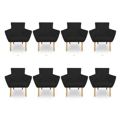 Kit 8 Poltronas Decorativa Leticia Suede Preto Pés Palito Castanho - Pallazio