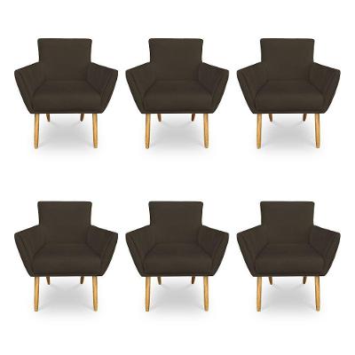 Kit 6 Poltronas Decorativa Leticia Suede Marrom Pés Palito Castanho - Pallazio