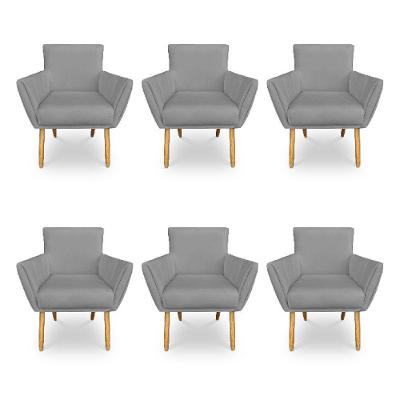 Kit 6 Poltronas Decorativa Leticia Suede Grafite Pés Palito Castanho - Pallazio