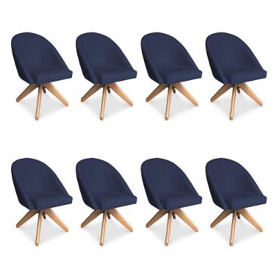 Kit 08 Poltronas Cadeira Giratória Bela Veludo Azul Marinho Base De Madeira - Pallazio
