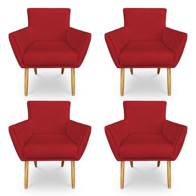Kit 4 Poltronas Decorativa Leticia Suede Vermelho Pés Palito Castanho - Pallazio