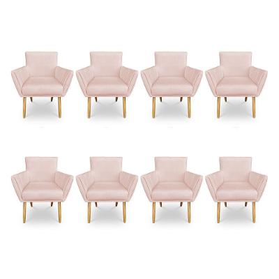 Kit 8 Poltronas Decorativa Leticia Suede Rosa Bebê Pés Palito Castanho - Pallazio