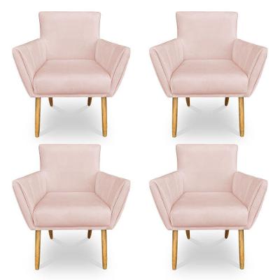 Kit 4 Poltronas Decorativa Leticia Suede Rosa Bebê Pés Palito Castanho - Pallazio
