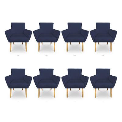 Kit 8 Poltronas Decorativa Leticia Suede Azul Marinho Pés Palito Castanho - Pallazio