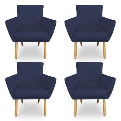 Kit 4 Poltronas Decorativa Leticia Suede Azul Marinho Pés Palito Castanho - Pallazio