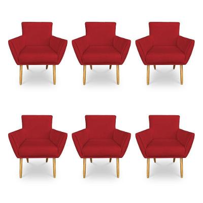 Kit 6 Poltronas Decorativa Leticia Suede Vermelho Pés Palito Castanho - Pallazio
