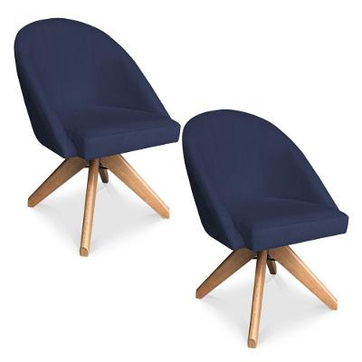 Kit 02 Poltronas Cadeira Giratória Bela Veludo Azul Marinho Base De Madeira - Pallazio