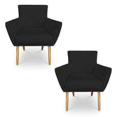 Kit 2 Poltronas Decorativa Leticia Suede Preto Pés Palito Castanho - Pallazio