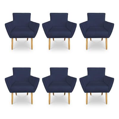 Kit 6 Poltronas Decorativa Leticia Suede Azul Marinho Pés Palito Castanho - Pallazio