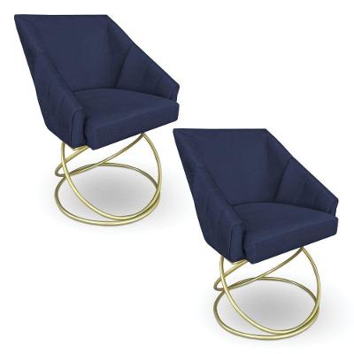 Kit 2 Poltronas Luxo Alana Suede Azul Marinho Base De Ferro Dourado - Pallazio