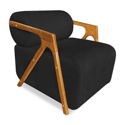 Poltrona Decorativa Marselha Veludo Preto Base De Madeira - Pallazio