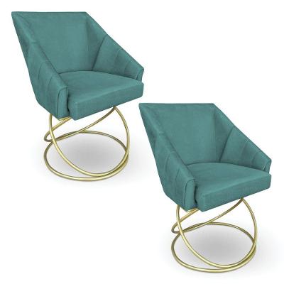 Kit 2 Poltronas Luxo Alana Suede Azul Turquesa Base De Ferro Dourado - Pallazio