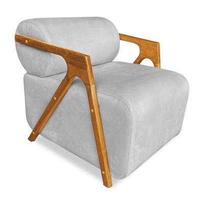 Poltrona Decorativa Marselha Veludo Cinza Base De Madeira - Pallazio