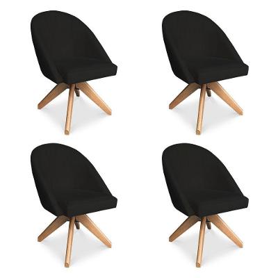 Kit 04 Poltronas Cadeira Giratória Bela Veludo Preto Base De Madeira - Pallazio