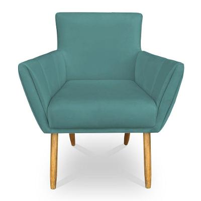 Poltrona Decorativa Leticia Suede Azul Turquesa Pés Palito Castanho - Pallazio