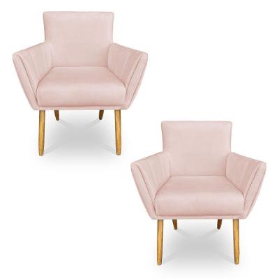 Kit 2 Poltronas Decorativa Leticia Suede Rosa Bebê Pés Palito Castanho - Pallazio