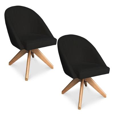 Kit 02 Poltronas Cadeira Giratória Bela Veludo Preto Base De Madeira - Pallazio