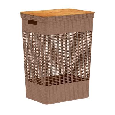 Cesto De Roupa Grid Marrom Amêndoa 49 L Com Tampa De Bambu 38 X 28 X 55,6 Cm Ou