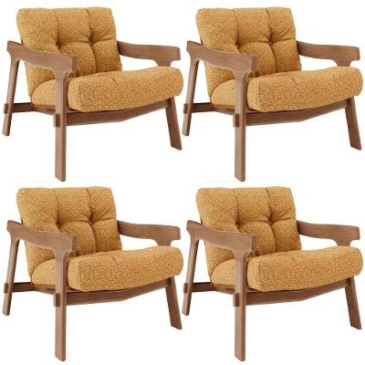 Kit 04 Poltronas Decorativa Fixa Para Sala Living Ikary L02 Canela Prime Bouclê Mostarda - Lyam Decor