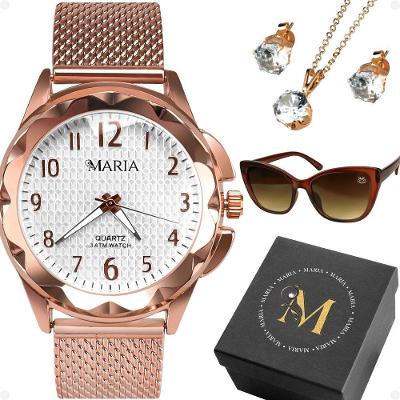 Relogio Rose Feminino + Colar Brincos + Oculos Sol + Caixa Marrom Strass Prova Dagua Silicone Casual