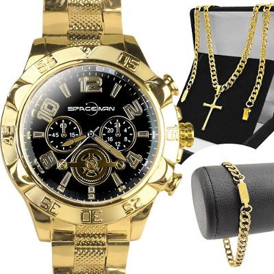Relogio Masculino Dourado Prova Dagua + Cordão + Crucifixo Pesado Original Qualidade Premium Grande