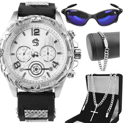 Relógio Aço Inox Masculino + Pulseira + Oculos Sol + Cordão Silicone Original Presente Proteção Uv