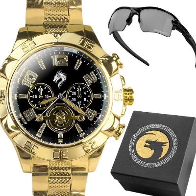 Relogio Banhado Masculino + Caixa + Oculos Protecao Sol Uv Aço Inoxidavel Dourado Social Prova Dagua
