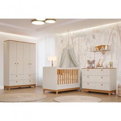 Quarto Para Bebê Completo Guarda Roupa Cômoda E Berço 100% MDF Biscoito Permobili Off White/Nature