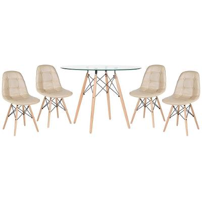 Kit - Mesa De Vidro Eames 100 Cm + 4 Cadeiras Eames Botonê Nude Nude