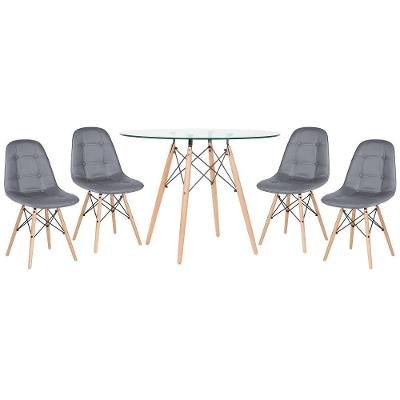 Kit - Mesa De Vidro Eames 100 Cm + 4 Cadeiras Eames Botonê Cinza Escuro Cinza-escuro