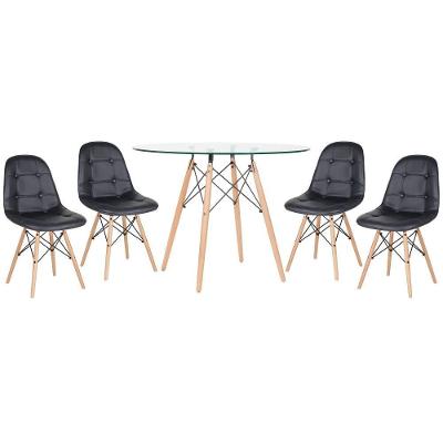 Kit - Mesa De Vidro Eames 100 Cm + 4 Cadeiras Eames Botonê Preto Preto