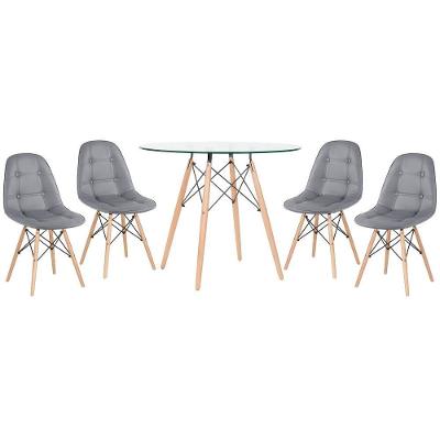 Kit - Mesa De Vidro Eames 90 Cm + 4 Cadeiras Eames Botonê Cinza Escuro Cadeiras Cinza Escuro