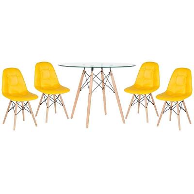 Kit - Mesa De Vidro Eames 100 Cm + 4 Cadeiras Eames Botonê Amarelo Amarelo