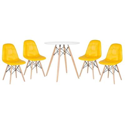 Kit - Mesa Eames 70 Cm + 4 Cadeiras Eames Botonê Mesa Branco Com Cadeiras Amarelo Mesa Branco Com Cadeiras Amarelo