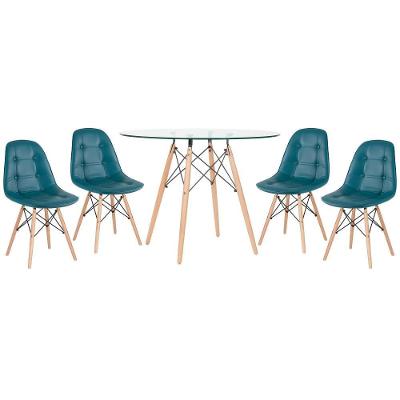 Kit - Mesa De Vidro Eames 100 Cm + 4 Cadeiras Eames Botonê Turquesa Turquesa