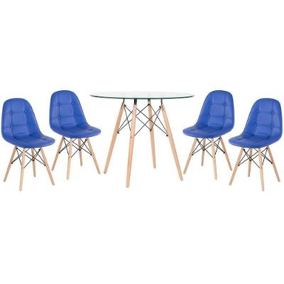 Kit - Mesa De Vidro Eames 90 Cm + 4 Cadeiras Eames Botonê Azul Cadeiras Azul