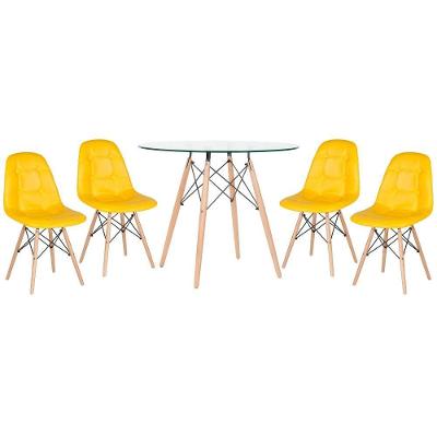 Kit - Mesa De Vidro Eames 90 Cm + 4 Cadeiras Eames Botonê Amarelo Cadeiras Amarelo