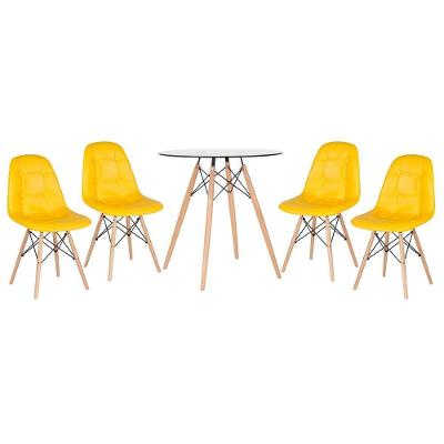 Kit - Mesa De Vidro Eames 70 Cm + 4 Cadeiras Eames Botonê Amarelo Amarelo