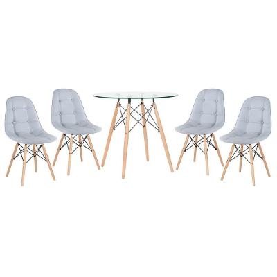 Kit - Mesa De Vidro Eames 80 Cm + 4 Cadeiras Eames Botonê Cinza-claro Cinza-claro